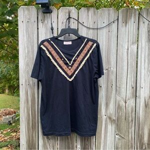 90s Vintage Young‎ Stuff II Black T-Shirt with Brown and Cream Accents XL